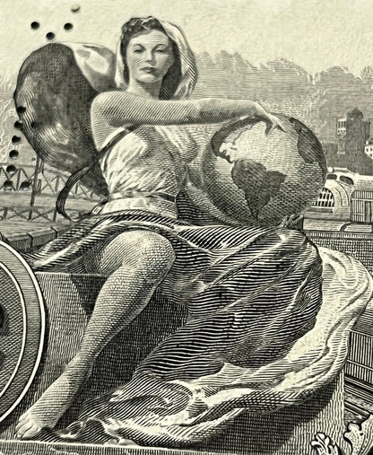Black and white engraved vignette of a woman in flowing robes holding a globe, seated by industrial buildings and transportat
