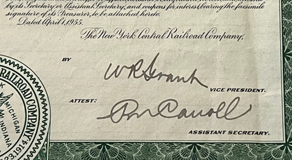 Close-up of vintage 1955 New York Central Railroad bond showing signatures, seal, and printed text in cursive and bold fonts 