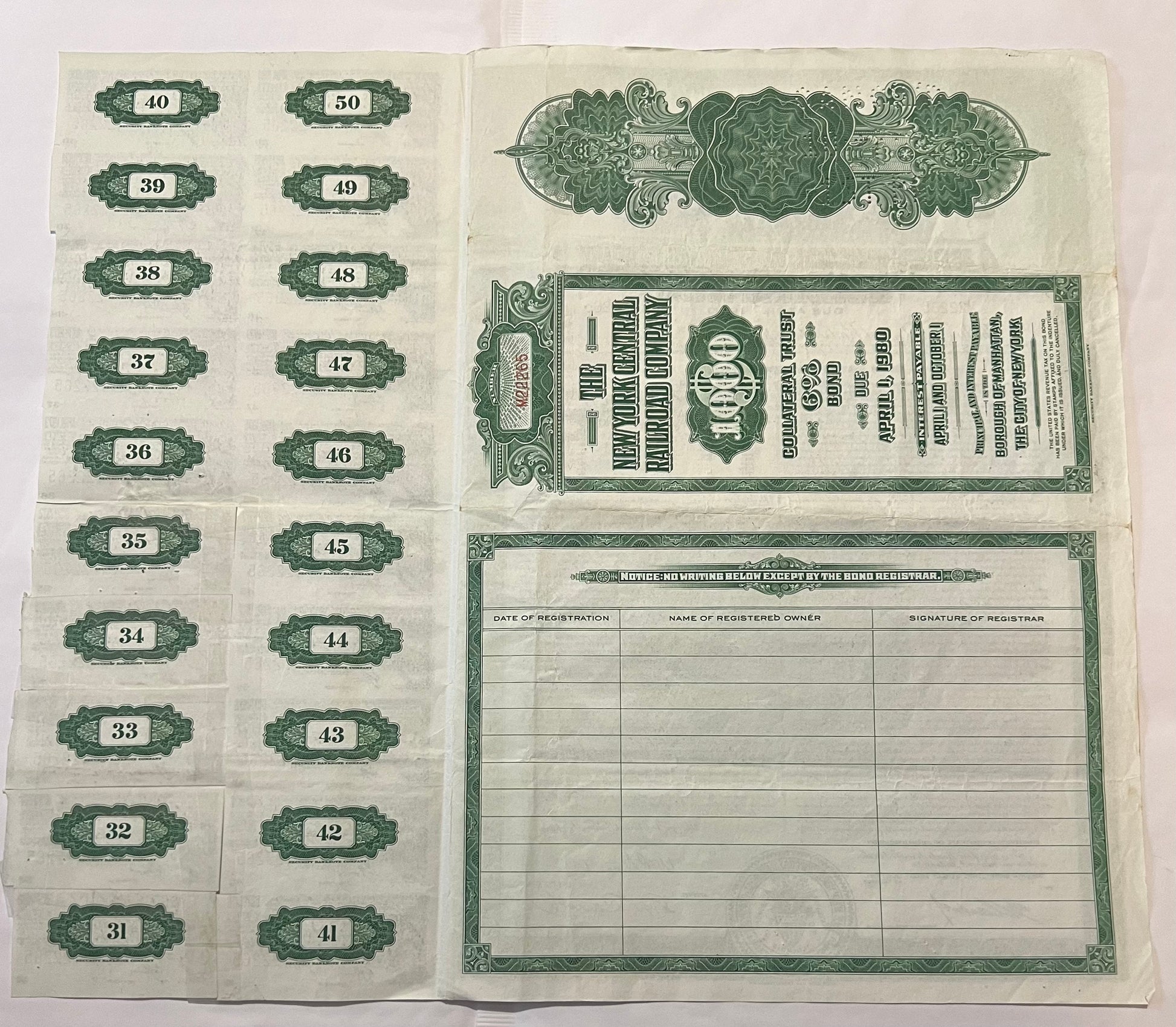 Vintage 1955 New York Central Railroad bond certificate with numbered coupons 31-50 and registration table, printed in green 