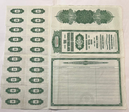 Vintage 1955 New York Central Railroad bond certificate with numbered coupons 31-50 and registration table, printed in green 