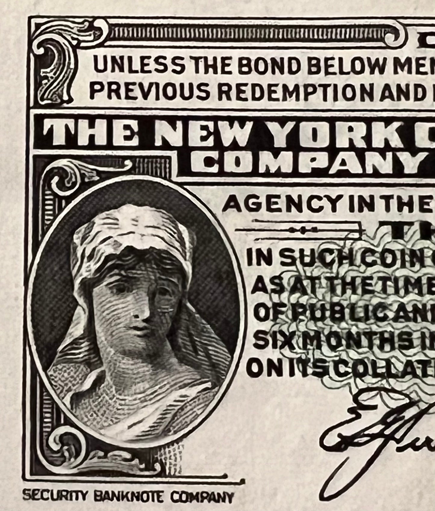 Close-up of vintage bond certificate corner showing engraved portrait in oval frame and "The New York Central Company" text w