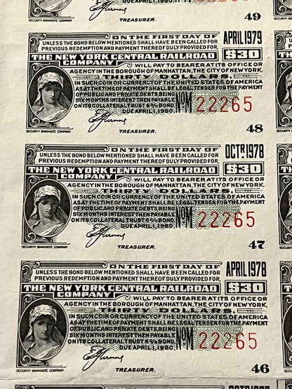 Three vintage New York Central Railroad bonds from 1978-1979 showing ornate engravings, denomination markings, and treasurer 
