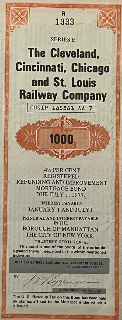 Ornate orange and cream railroad bond certificate for Cleveland, Cincinnati, Chicago and St. Louis Railway, Series E, $1000 d