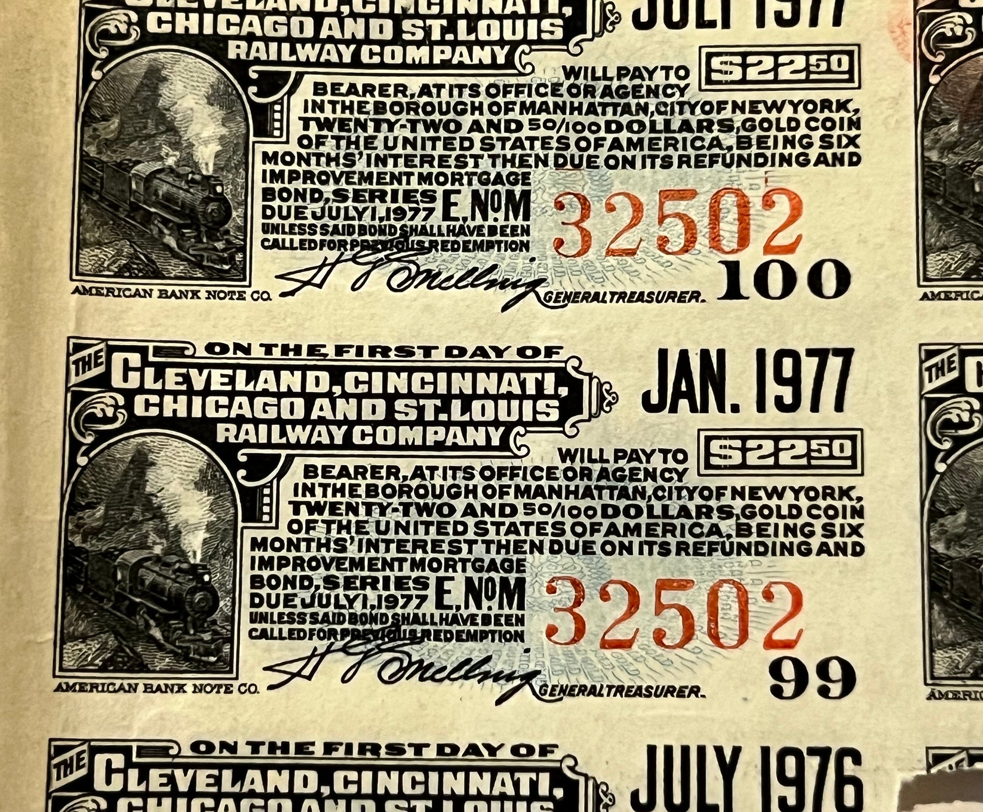 Three vintage railroad bond certificates with locomotive engravings, dated July 1977, January 1977, and July 1976, showing se