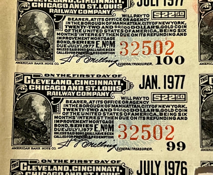 Three vintage railroad bond certificates with locomotive engravings, dated July 1977, January 1977, and July 1976, showing se