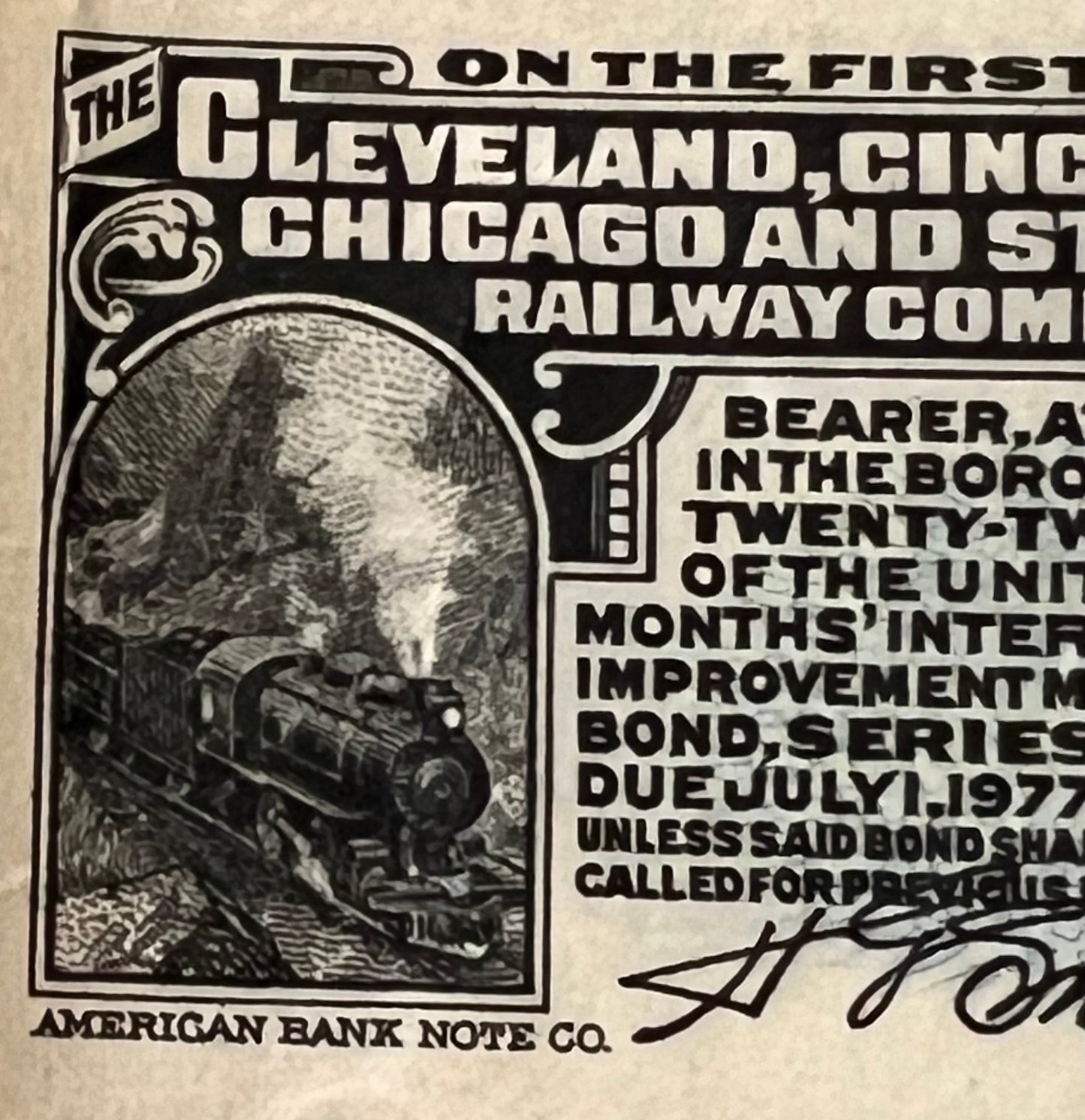 Black and white antique bond certificate showing steam locomotive in tunnel, text reading "Cleveland Cincinnati Chicago and S