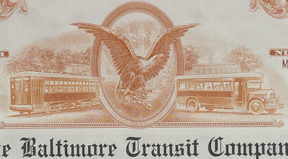 Sepia-toned vintage bond certificate showing eagle emblem with streetcar and bus illustrations, "Baltimore Transit Company" t