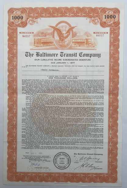 Vintage 1966 Baltimore Transit Company $1,000 bond certificate in brown and cream with ornate borders, eagle seal, and transi