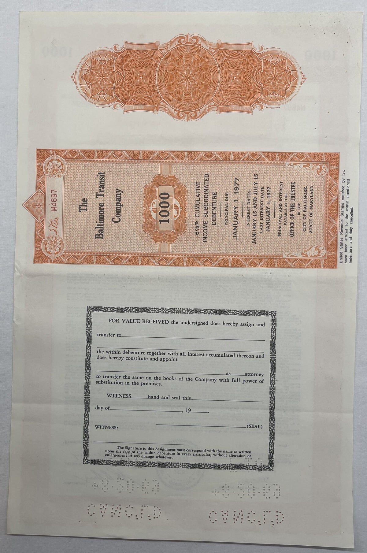 Vintage 1966 Baltimore Transit Company $1,000 bond certificate in orange and cream with ornate decorative borders and assignm