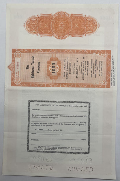 Vintage 1966 Baltimore Transit Company $1,000 bond certificate in orange and cream with ornate decorative borders and assignm