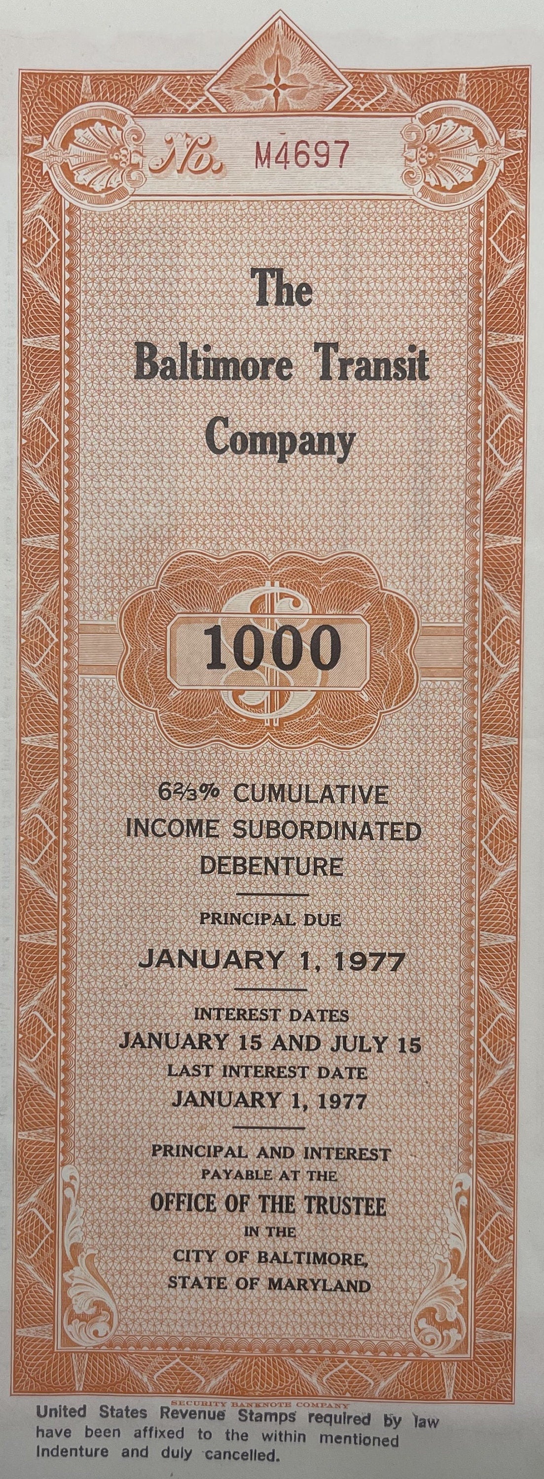 Vintage Baltimore Transit Company $1,000 bond certificate in brown ink with ornate borders, principal due January 1, 1977