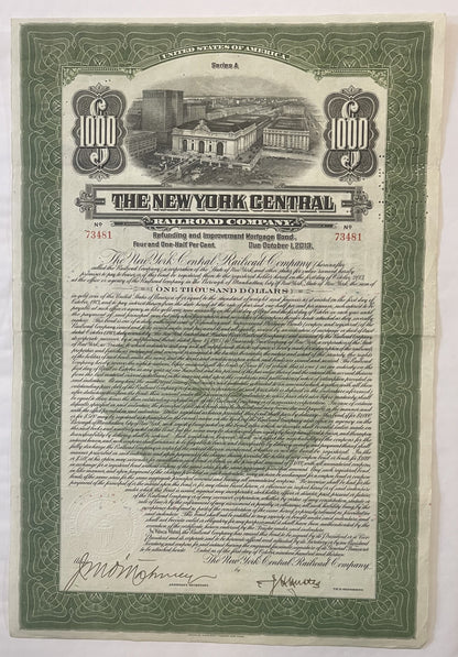 Green and cream 1913 New York Central Railroad $1,000 bond certificate with Grand Central Terminal vignette and ornamental bo