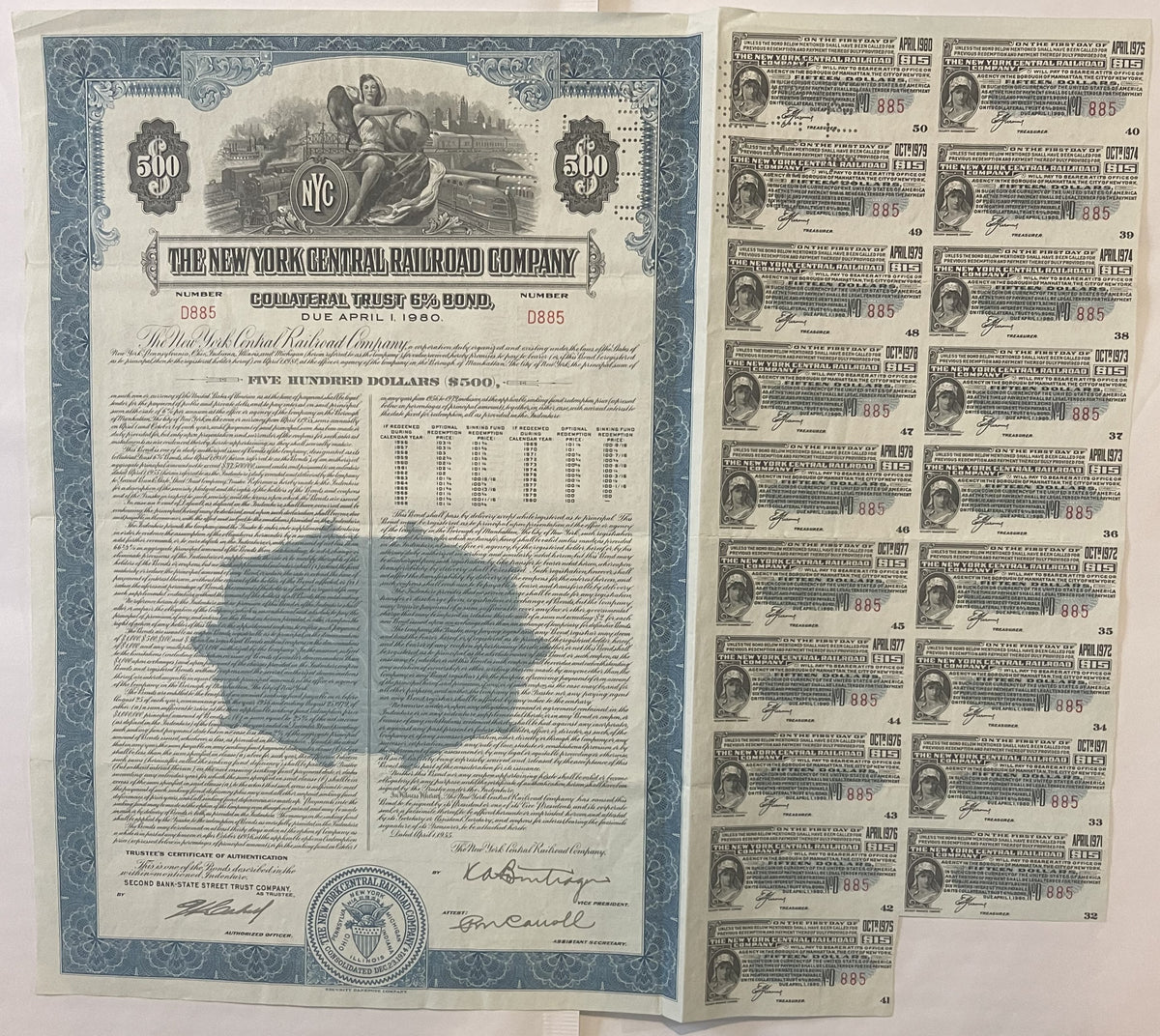 Blue and cream 1980 New York Central Railroad $500 collateral trust bond with ornate border, accompanied by multiple smaller 