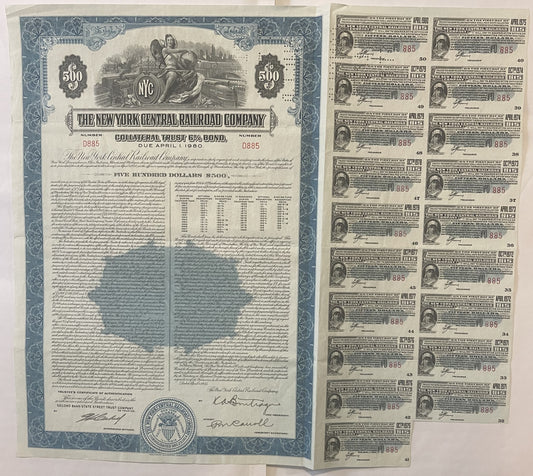 Rare 1955 New York Central Railroad 500 Dollar Bond Blue Collateral Trust 6 Percent with Coupon Sheet 📜