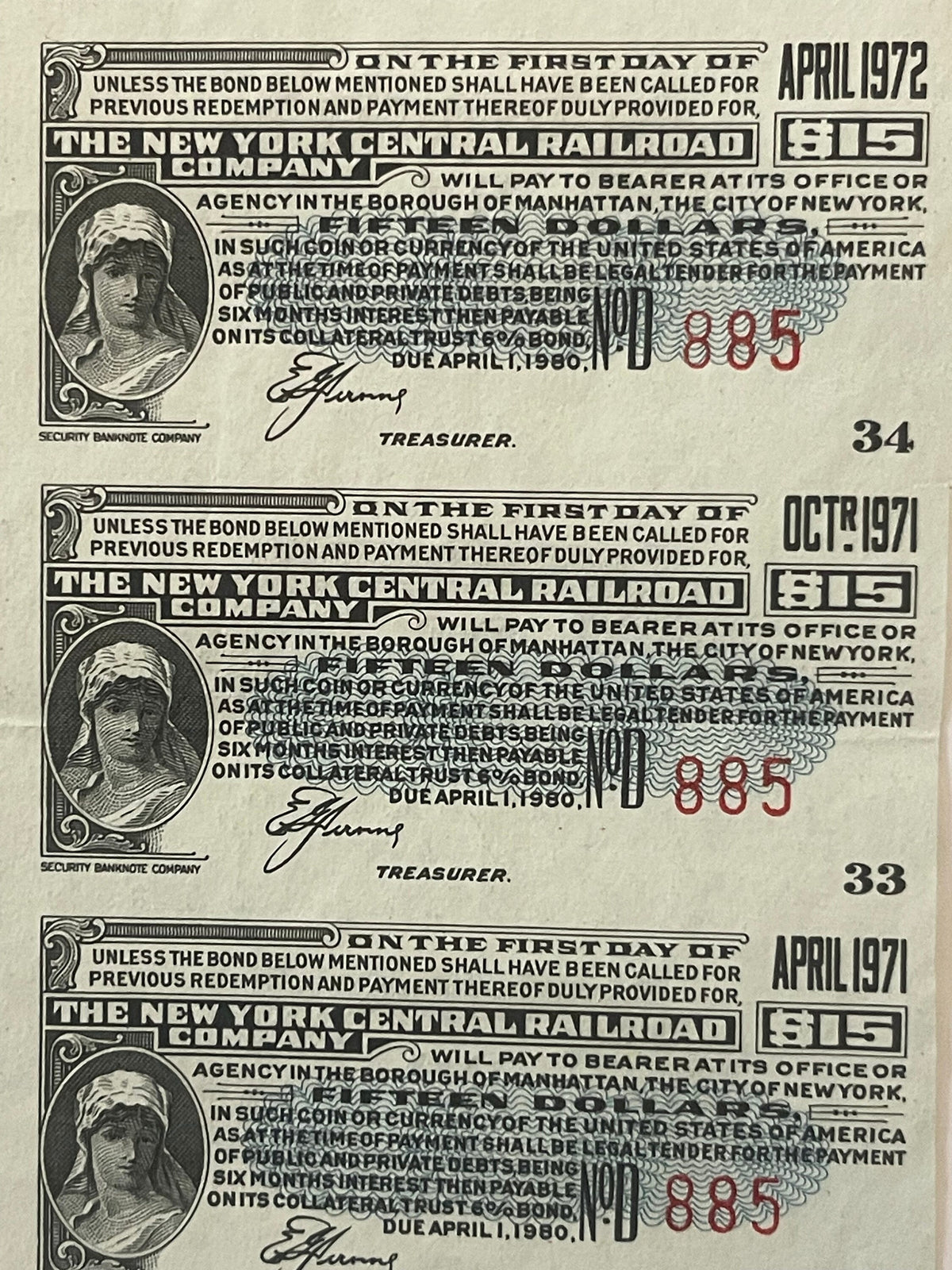 Three vintage New York Central Railroad $15 bonds from 1971-1972 featuring engraved portraits and ornate typography