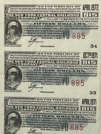 Three vintage New York Central Railroad $15 bonds from 1971-1972 featuring engraved portraits and ornate typography