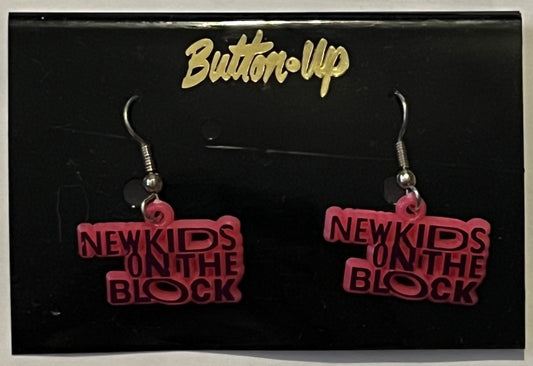 Vintage New Kids on the Block Dangle Earrings 🥃 NKOTB Pink Logo Charms on Original Button-Up Display Card, Boy Band Fan Jewelry