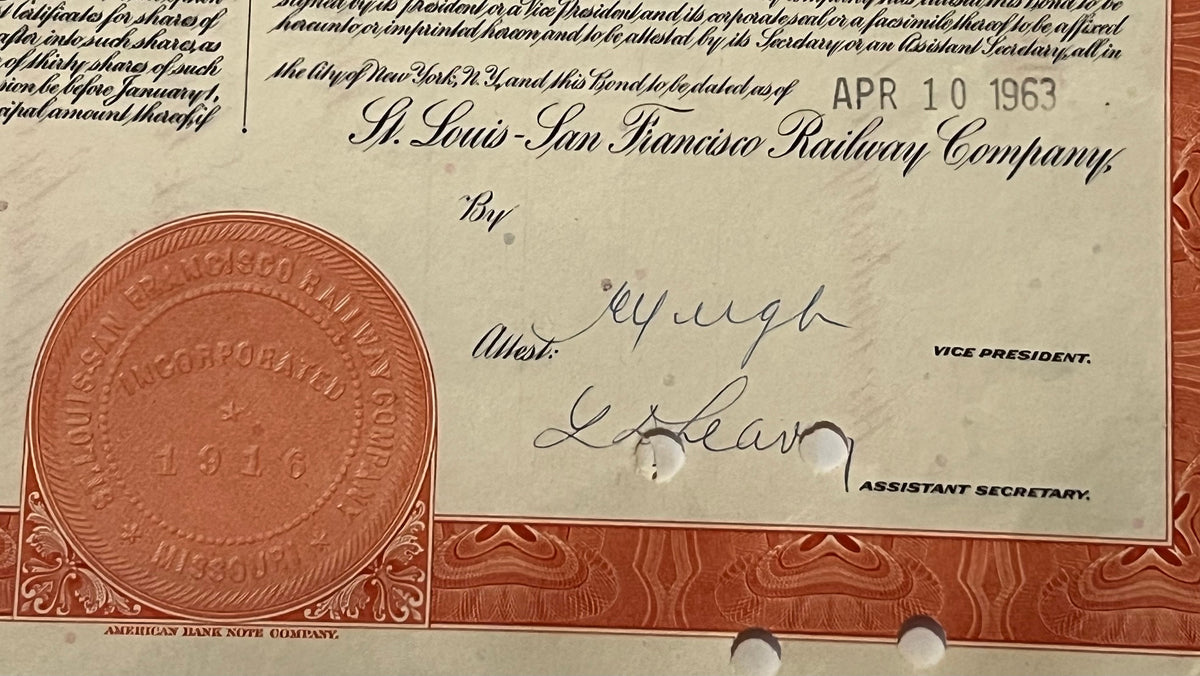 Close-up of 1963 Frisco Railroad bond showing red wax seal, handwritten signatures, and "APR 10 1963" date stamp with "Vice P