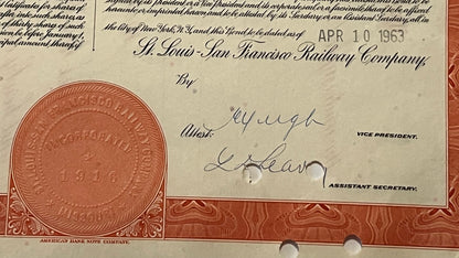 Close-up of 1963 Frisco Railroad bond showing red wax seal, handwritten signatures, and "APR 10 1963" date stamp with "Vice P