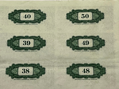 Six vintage security banknote company coupons numbered 38-50 printed in green and black on cream paper