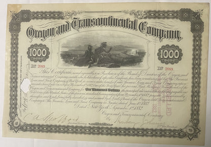 Antique 1882 Oregon and Transcontinental Railroad $1000 gold bond cream-colored with ornate borders and
