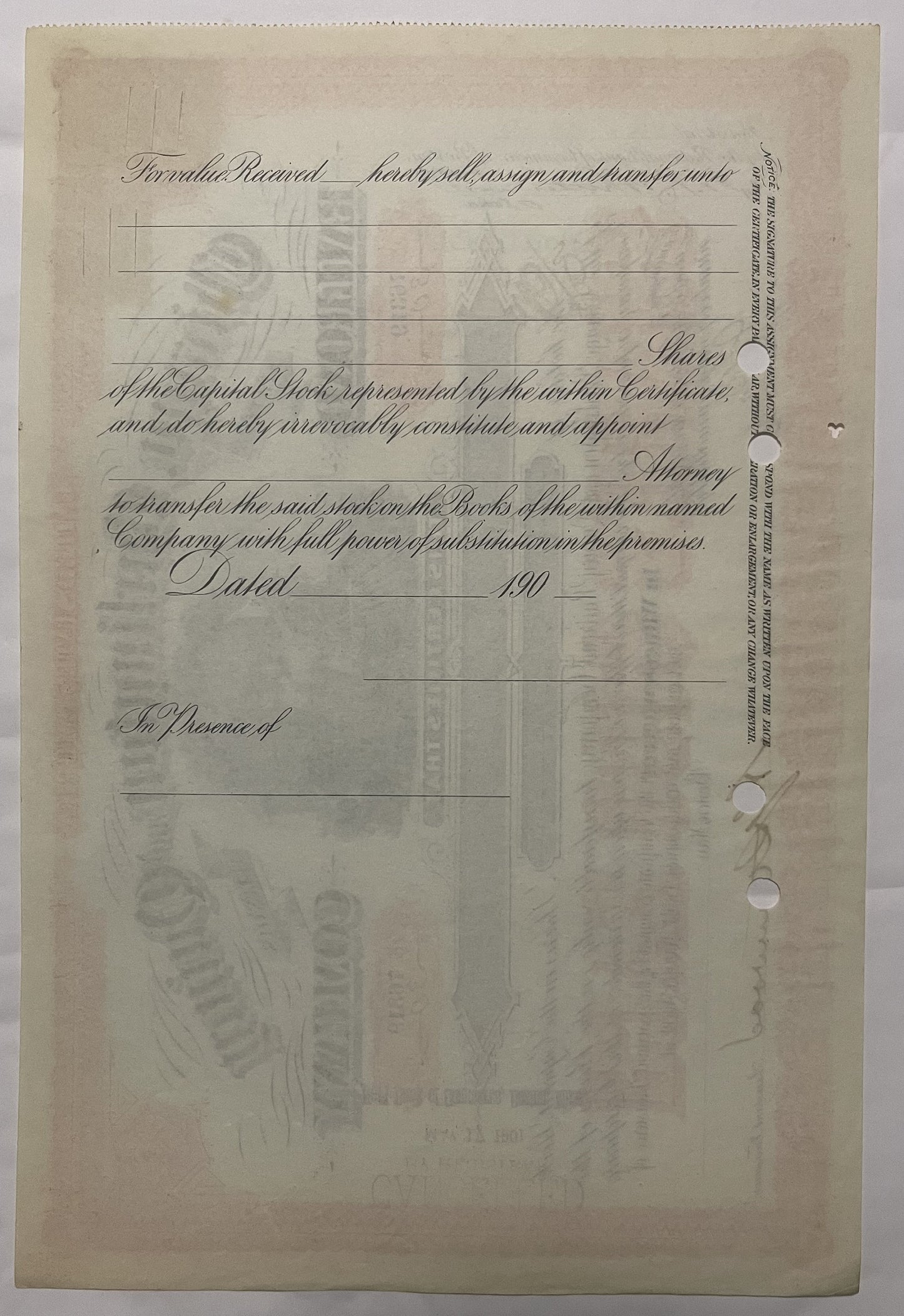 Aged stock certificate page with cursive text, blank signature lines, and faded watermark, dated 190_