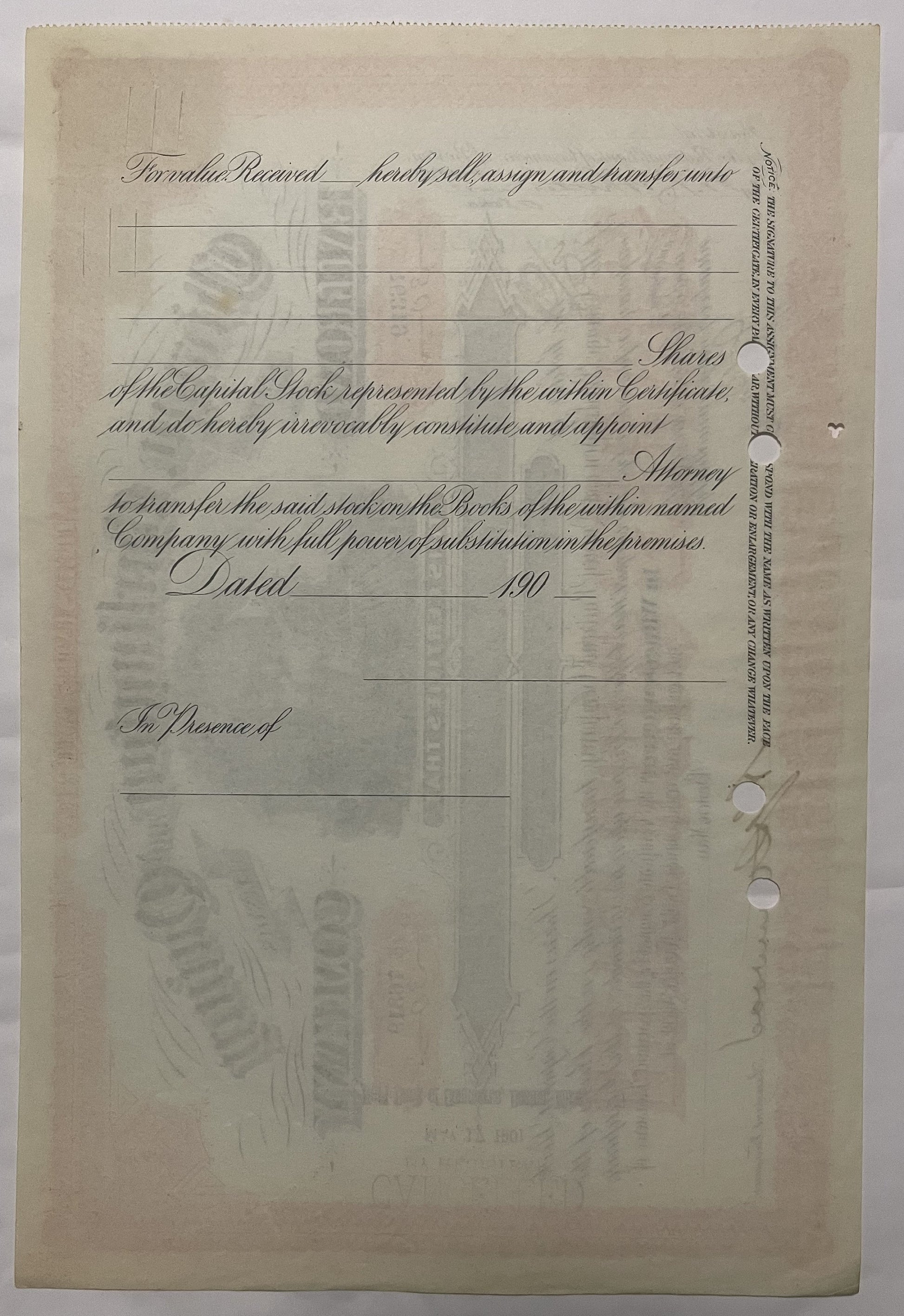 Aged stock certificate page with cursive text, blank signature lines, and faded watermark, dated 190_