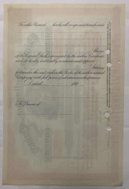 Aged stock certificate page with cursive text, blank signature lines, and faded watermark, dated 190_