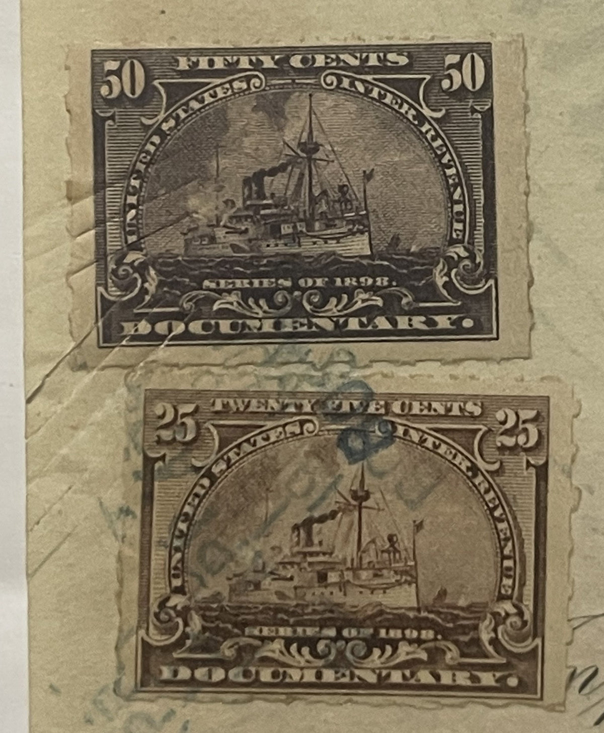 Two vintage railroad stock certificate vignettes from and, featuring steamship engravings, printed in black on aged