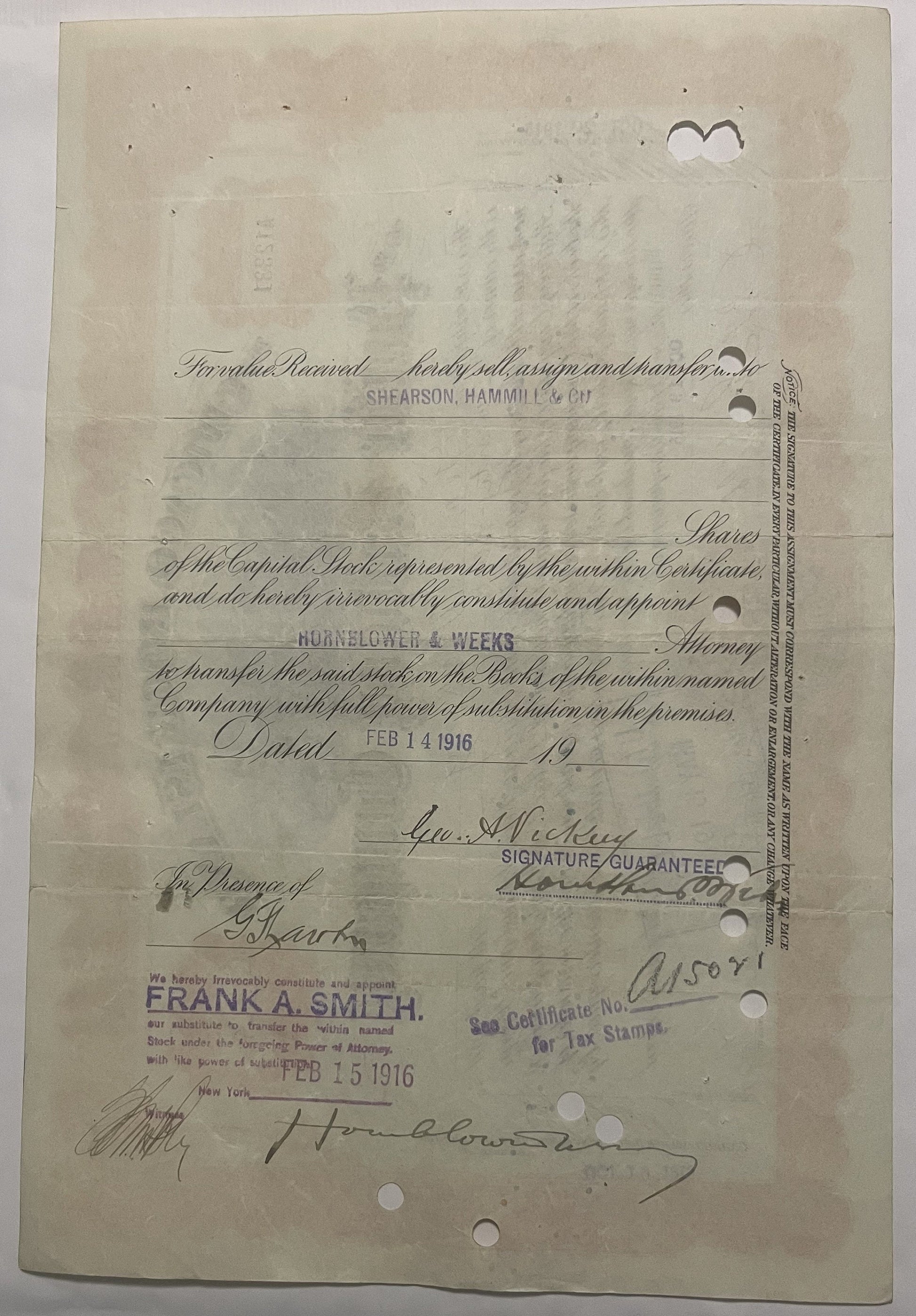 Aged railway stock certificate with cursive handwriting, official stamps, and signatures on cream paper with visible wea