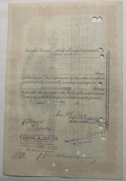 Aged railway stock certificate with cursive handwriting, official stamps, and signatures on cream paper with visible wea
