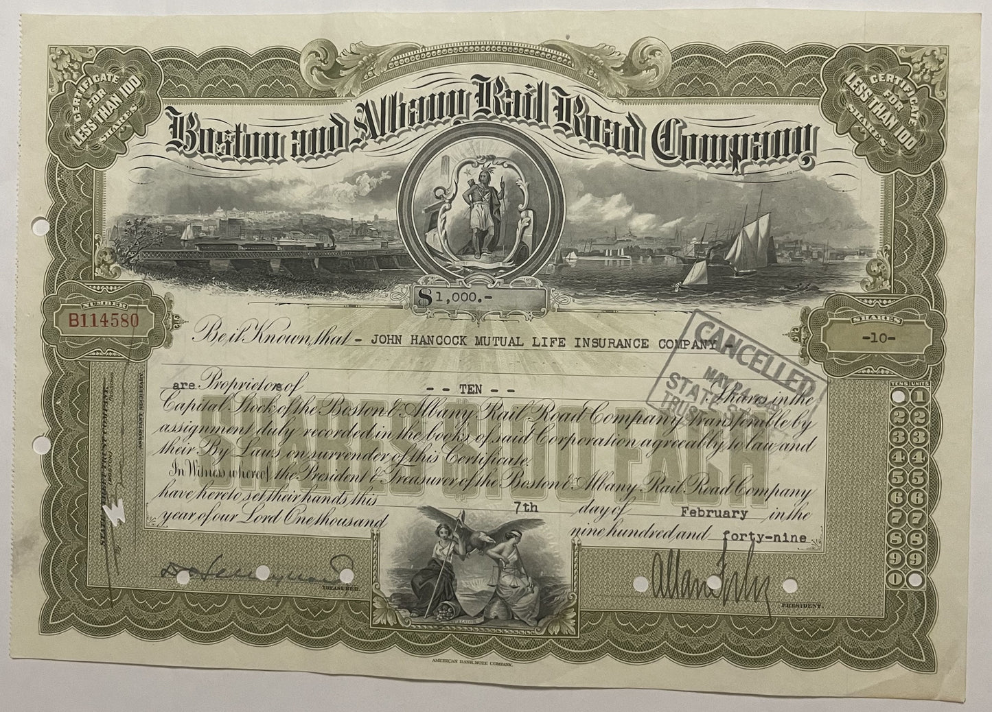 Antique engraved stock certificate for Boston and Albany Rail Road Company with ornate border, locomotive and harbor imagery,