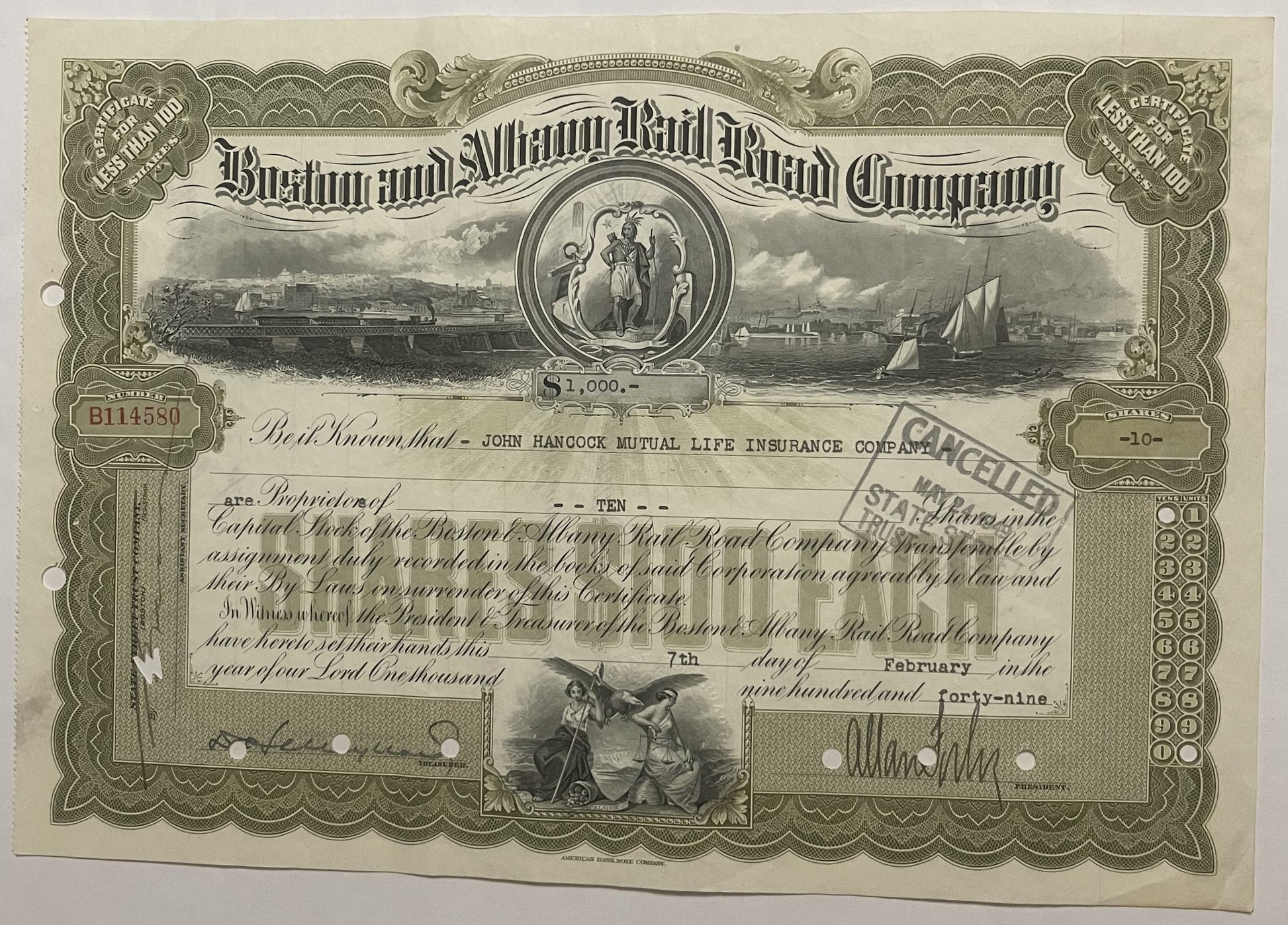 Antique engraved stock certificate for Boston and Albany Rail Road Company with ornate border, locomotive and harbor imagery,