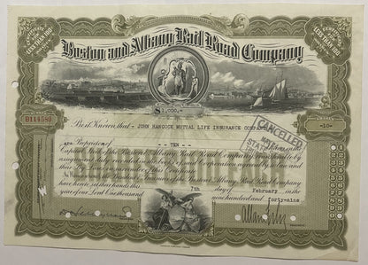 Antique engraved stock certificate for Boston and Albany Rail Road Company with ornate border, locomotive and harbor imagery,