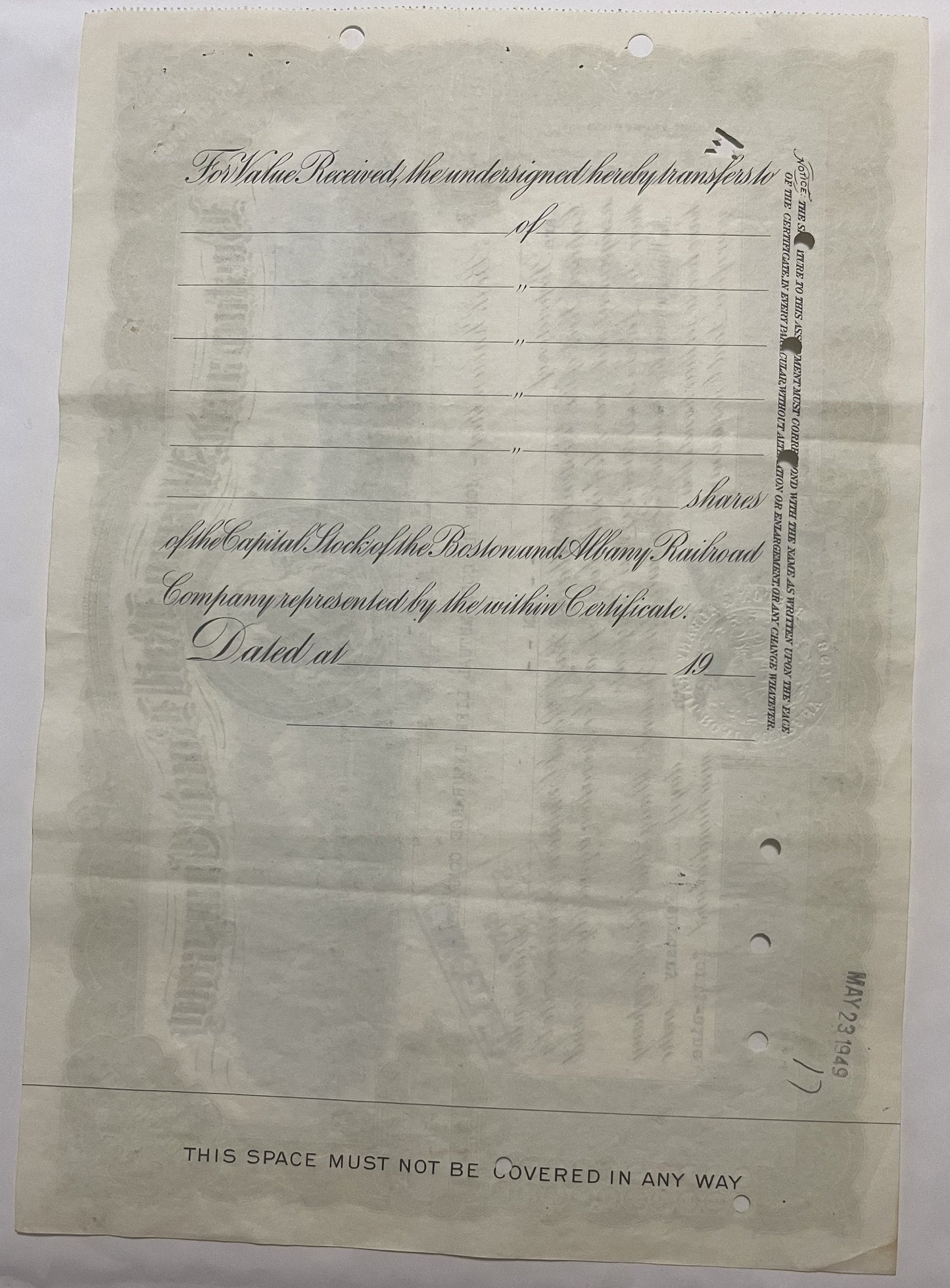 Blank engraved stock certificate form for Boston and Albany Railroad Company shares, cream colored aged paper with decorative
