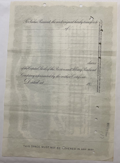 Blank engraved stock certificate form for Boston and Albany Railroad Company shares, cream colored aged paper with decorative