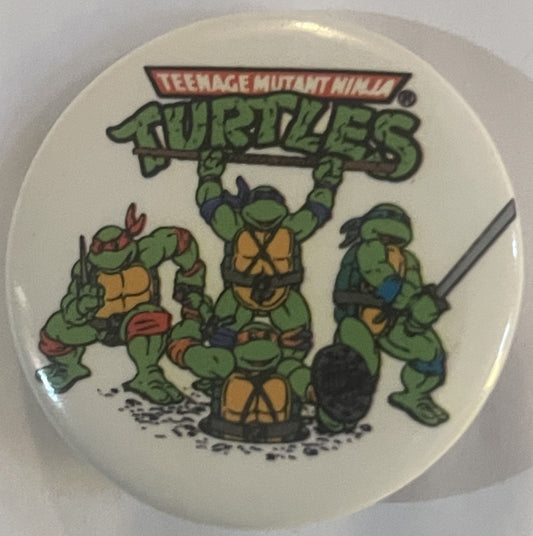 Vintage 1990 Teenage Mutant Ninja Turtles Sewer Exit Cartoon Pin 🐢 — Four-Turtle Group Pinback Button