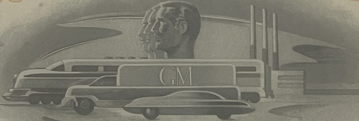 Engraved vignette on vintage GM stock certificate showing futuristic 1950s-era vehicles and human head profiles, printed in g