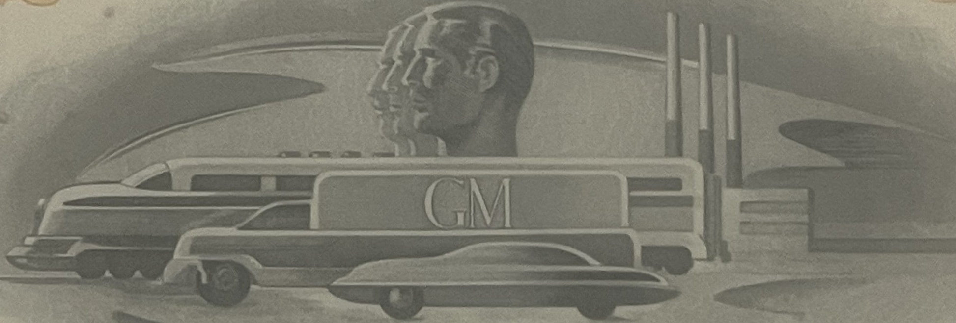 Engraved vignette on vintage GM stock certificate showing futuristic 1950s-era vehicles and human head profiles, printed in g