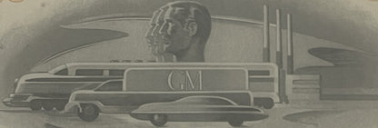 Engraved vignette on vintage GM stock certificate showing futuristic 1950s-era vehicles and human head profiles, printed in g