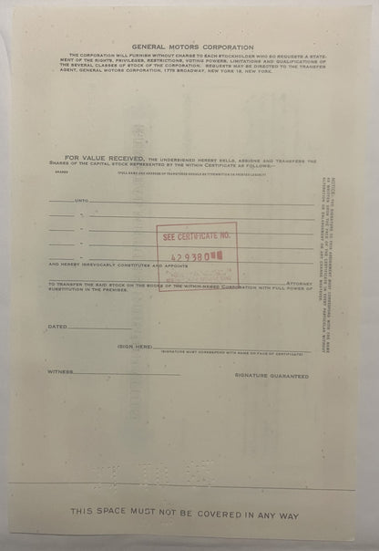 Blank General Motors Corporation stock certificate from 1950s-1980s with cream-colored paper, printed text, and red "See Cert