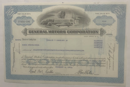 Vintage General Motors Corporation stock certificate from with blue ornamental borders, streamlined train illustration