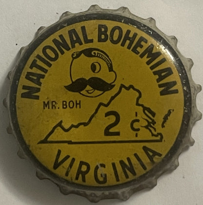 Vintage National Bohemian bottle cap with "Mr. Boh" mascot head, yellow background, "Virginia 2" state tax stamp visible