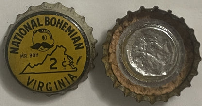 Vintage National Bohemian bottle cap showing front and back; yellow side displays "Mr. Boh" mascot and "2¢" Virginia tax