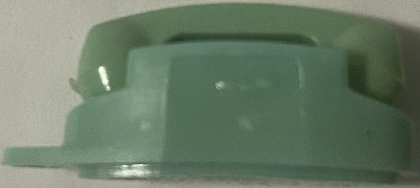 Mint green rotary telephone keychain shown from above against white background, displaying curved handset and dial details