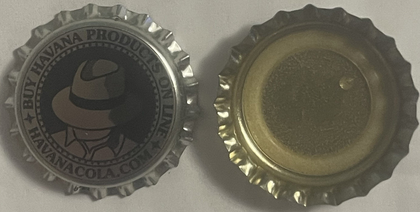 Front and back of a metal bottle cap featuring a man in a hat logo and "Havana Products" text, shown against a light backgrou