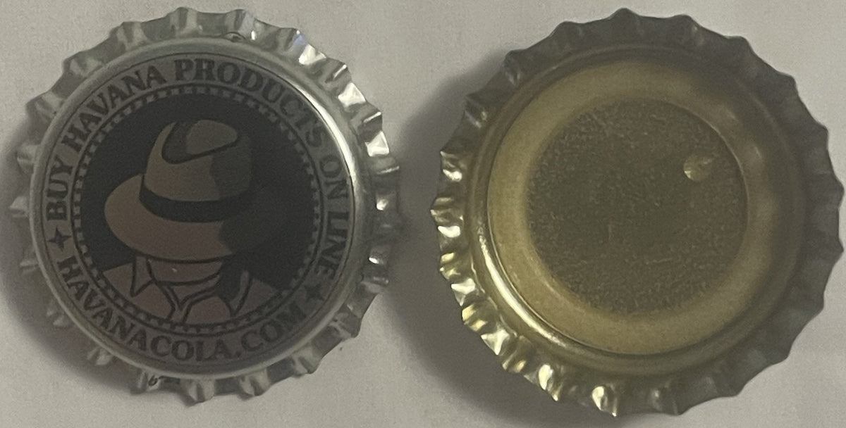Front and back of a metal bottle cap featuring a man in a hat logo and "Havana Products" text, shown against a light backgrou
