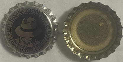 Front and back of a metal bottle cap featuring a man in a hat logo and "Havana Products" text, shown against a light backgrou