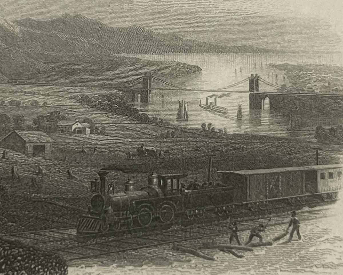 Engraved illustration showing a steam locomotive with passenger cars on railroad tracks, with a suspension bridge spanning a 