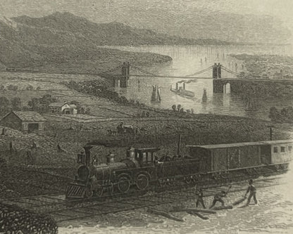 Engraved illustration showing a steam locomotive with passenger cars on railroad tracks, with a suspension bridge spanning a 
